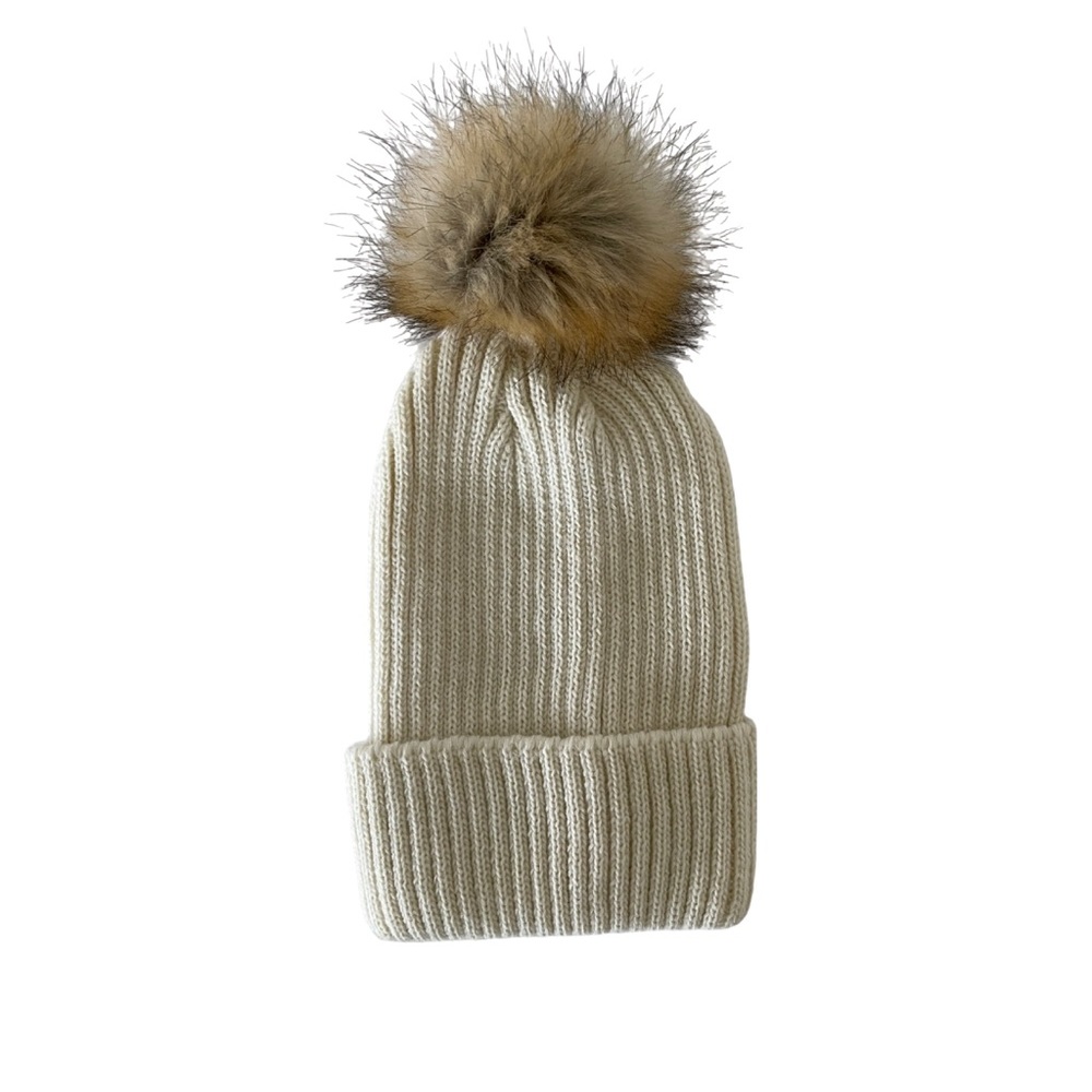 Unbranded Merino Wool Fur Pom Pom Beanie Ribbed Women Cream OS $40